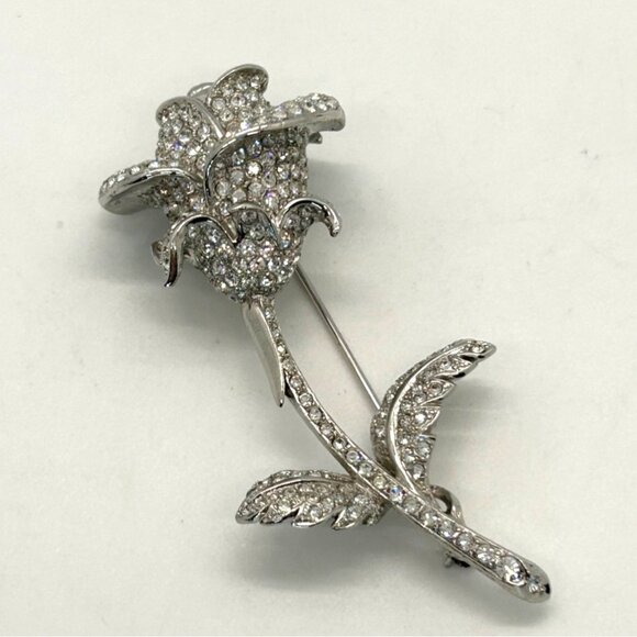 Nolan Miller Rose Brooch, 2002 Anniversary Silver-tone Pave Crystal Rhinestones. - Picture 1 of 16